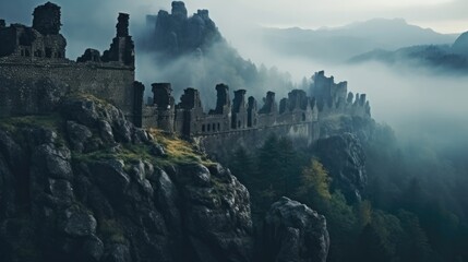 Misty mountain landscape, ancient castle ruins, dark forest.