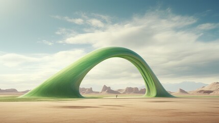 In the heart of the arid desert, a vivid green arch emerges, a beacon of vibrant surrealism amidst the sands. This striking structure introduces an unexpected splash of color