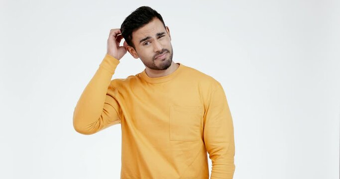 Face, confused and man in studio scratching head with question or unsure on white background. Why, portrait and model with emoji for doubt, dont know or thinking, choice or decision, solution or idea