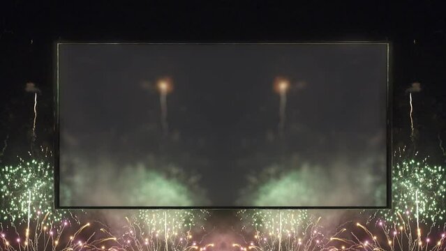 カラフルで派手な複数の打ち上げ花火の爆発の背景　反射する金属枠のタイトルスペース　お祝い・誕生日・イベント・クリスマス・発表・表彰・夏・夏休みのイメージタイトル背景素材
