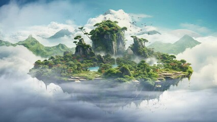 Whimsical isles, suspended by dreams, crowned in emerald flora, embraced by ethereal mist. A gravity-defying symphony of colors, where birds dance free