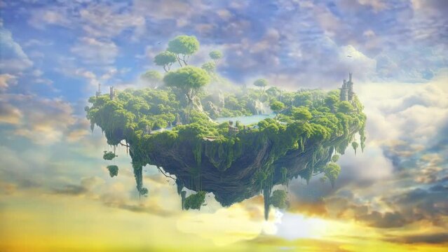 Explore a realm of enchantment on floating islands wreathed in clouds, their vibrant flora a dreamscape of awe