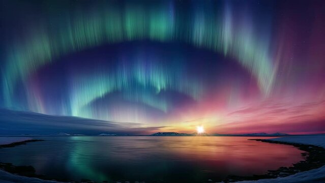 Astonishing sky, Multicolored auroras encircle, while a captivating, cosmic dance unfolds above, a panorama merging cosmic, sea, and sunset hues