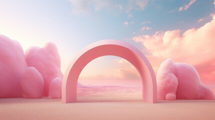 In the vast expanse of the desert, a vibrant pink arch emerges, its design echoing the essence of colorful surrealism. This juxtaposition of vivid hue against the barren landscape