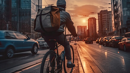 A cyclist in a helmet goes to work with a briefcase in city. Generative Ai