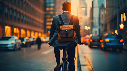 A rear view of businessman commuter with electric bicycle traveling to work in city. Generative Ai