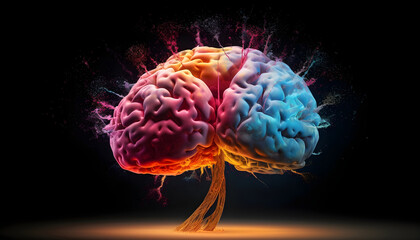 abstract illustration of colorful splash intelligence human head brain explodes with paints with splashes, concept idea on a black background.