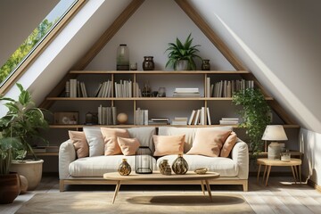 The interior of the attic living room with light shining from large compartments has a modern sofa and a wooden shelf backdrop decorated with small plant pots. Scandinavian Interior Design