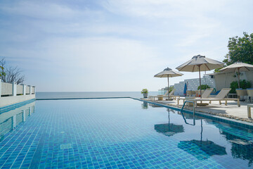 bed pool around swimming pool with sea background