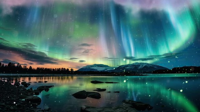 Alien sky amazes, Auroras of many colors encircle, as a mesmerizing cosmic ballet unfolds overhead. A vista blends cosmic, oceanic, and sunset tones, encompassing frozen mountains and a tranquil lake