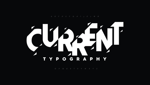 'Current' Uppercase Alphabet Typography: Stylish Sliced and Broken Effects from A to Z. Vector Illustration.