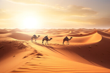 a photograph of a desert landscape and a herd of camels