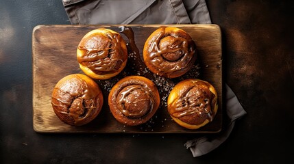 Top view of freshly baked cinnamon rolls on a wooden serving tray