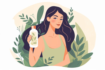 Generative AI. Illustration of a young woman holding a bottle of lotion. Choose natural cosmetics concept. eco vegan creams, lotions. skincare cosmetics bottles