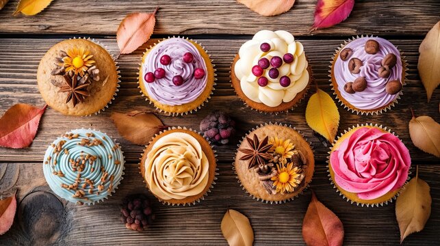 Top view of assorted autumn themed cupcakes on a wooden table