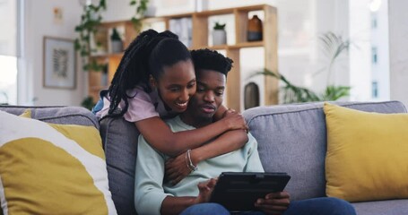 Tablet, hug or black couple online shopping to search on social media for ecommerce on internet connection. Love, home or woman talking to an African man or reading news on blog to relax on sofa - Powered by Adobe