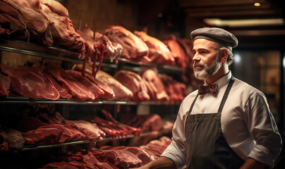 Man standing in front of shelves with raw meat
