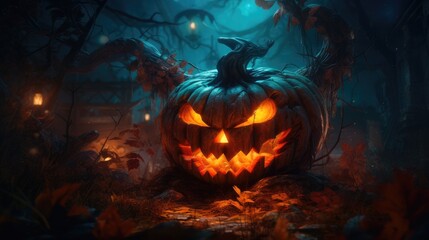 huge pumpkin at night, halloween mood style, nightmarish illustrations. Happy Halloween and scary night background