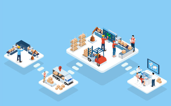 3D isometric Global logistics solutions concept with Smart Logistics, Business logistics, Warehouse Logistic, Online delivery, Export and Import. Vector illustration sps10