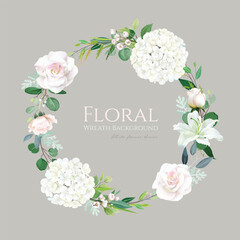Beautiful flower and greenery  wreath background. white roses and Hydrangea, Wax flower, eucalyptus plant.