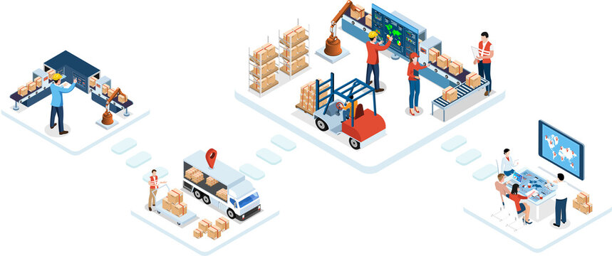 3D isometric Global logistics solutions concept with Smart Logistics, Business logistics, Warehouse Logistic, Online delivery, Export and Import.