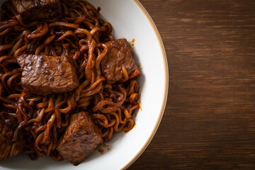 Jjapaguri or Chapaguri, Korean Black Beans Spicy Noodles with Beef