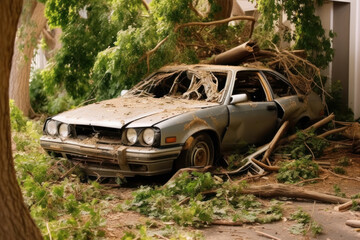 Cover photo, car accident, street, car crashed into a tree. life and car insurance concept