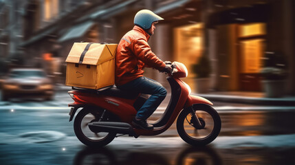 Delivery man on scooter with boxes in the city. Delivery service concept.