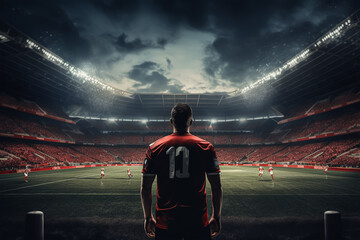 Rear view of football player in red jersey on stadium at night