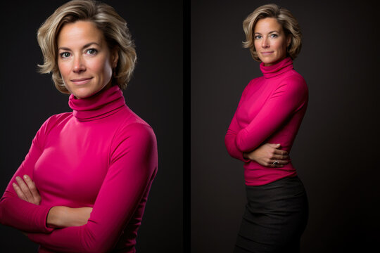 Elegant and Vibrant Double Portrait of a Secretary Exuding Confidence, Wearing a Stunning Hot Pink Turtleneck Sweater