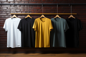 Mockup of a Tshirt hanging on a hanger in a store