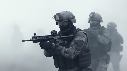 Fototapeta premium Special forces soldier in action with assault rifle on foggy background.