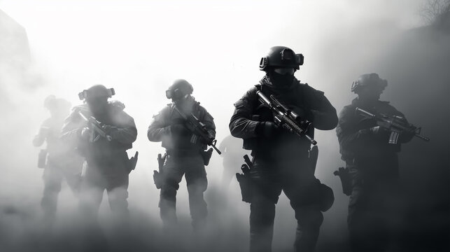 Special forces soldier in action with assault rifle on foggy background.
