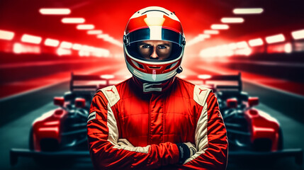 Close up of racing driver against race track with red lights