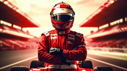 Fototapeta premium Close up of racing driver against race track with red lights