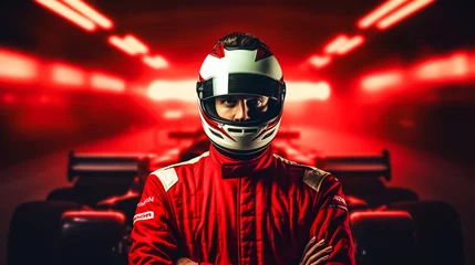 Crédence de cuisine en verre imprimé F1 Close up of racing driver against race track with red lights