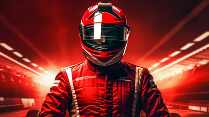 Close up of racing driver against race track with red lights - obrazy, fototapety, plakaty