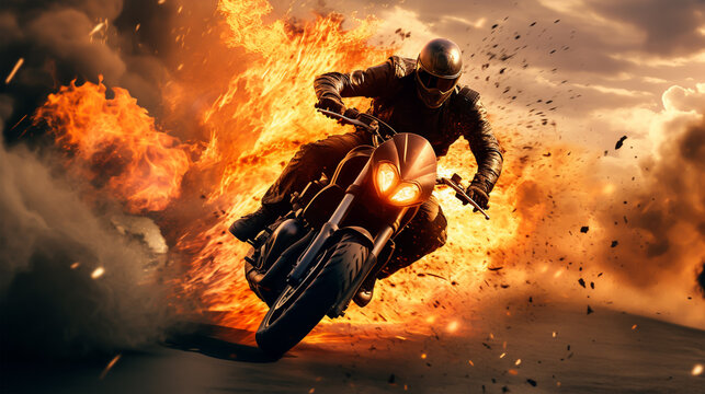 Racing motorcycle in flames. Motorcyclist on a motorcycle in smoke.