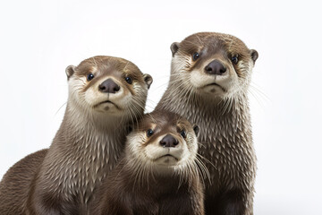 Image of family group of otters on white background. Wildlife Animals. Illustration, Generative AI.