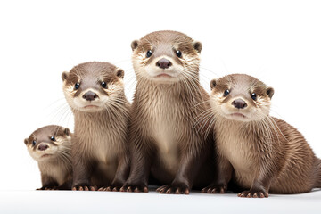 Image of family group of otters on white background. Wildlife Animals. Illustration, Generative AI.