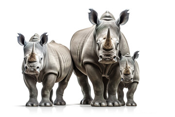 Fototapeta premium Image of family group of rhinoceross on white background. Wildlife Animals. Illustration, Generative AI.