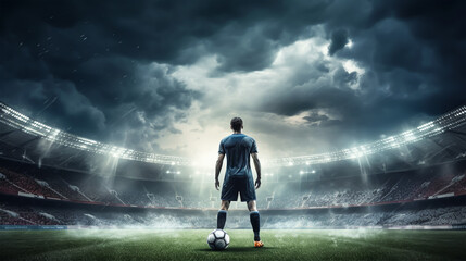 Soccer player on the field of stadium at night.