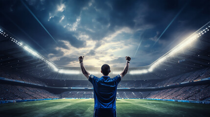 Fototapeta na wymiar Soccer player on the field of stadium at night.