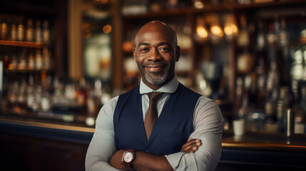 Fototapeta premium Portrait of a Successful Bar Owner - Generative Ai