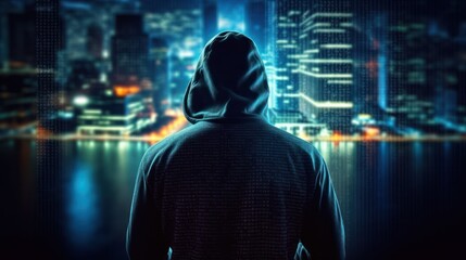 Back view of person fictional hacker using on computer with code technology background 
