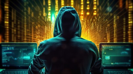 Back view of person fictional hacker using on computer with code technology background 