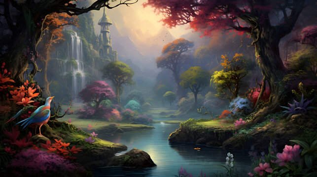 fantasy painting wallpaper of a forest landscape with a lake, plants, trees, roses, birds, peacocks, butterflies, and insects, AI Generative