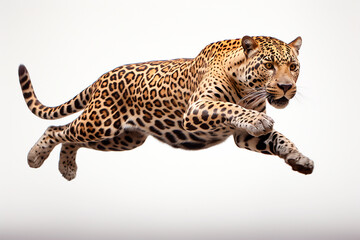 Jaguar isolated on white background jumping. Animal side view portrait.