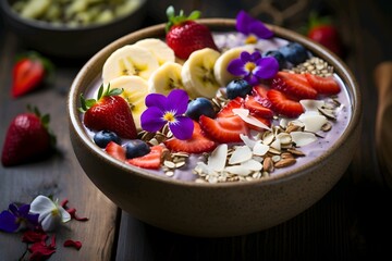 Healthy breakfast bowl with oatmeal, berries and flowers on dark wooden background