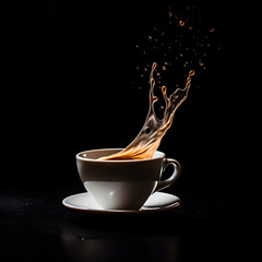 Coffee ad design. Coffee beans. Cup of coffee with splash effect and smoke. Highly detailed realistic illustrations